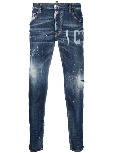 Dsquared2 Icon Print Paint Splatter Jeans In Blue