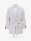 Brunello Cucinelli Belted Pinstriped Cotton And Linen-blend Blazer In White