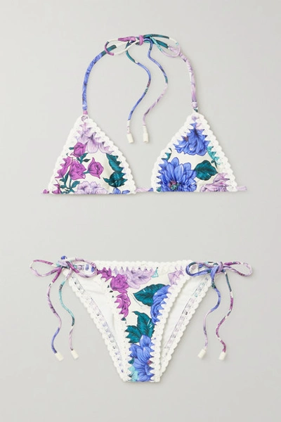 Zimmermann Poppy Crochet-trimmed Floral-print Triangle Halterneck Bikini In Purple