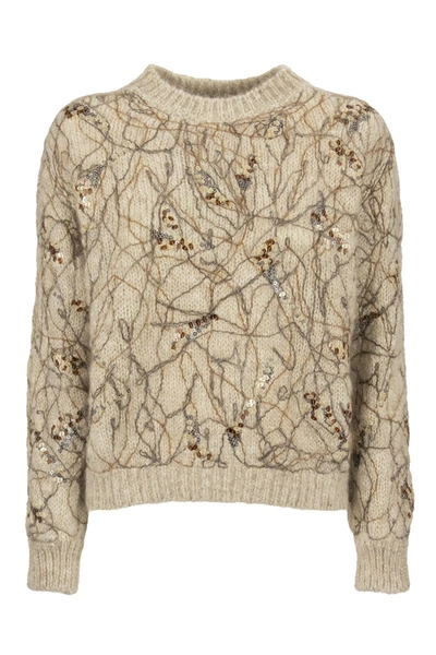 Brunello Cucinelli Crewneck Jumper Mohair Jumper With Dazzling Ramage Embroidery In Beige