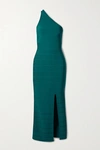 Herve Leger Icon Asymmetric One-shoulder Midi Gown In Teal