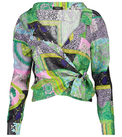 Versace Barocco Patchwork Printed Silk Cropped Shirt In Multicolour