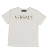 Versace Kids' Embellished Logo Cotton Jersey T-shirt In Bianco+oro+crystal