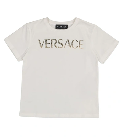 Versace Kids' Embellished Logo Cotton Jersey T-shirt In Bianco+oro+crystal