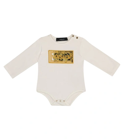 Versace Babies' Barocco弹力棉质连体紧身衣 In White Gold