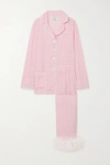 SLEEPER FEATHER-TRIMMED GINGHAM CREPE DE CHINE PAJAMA SET