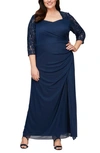 ALEX EVENINGS LACE YOKE & SLEEVES RUCHED GOWN,84122363
