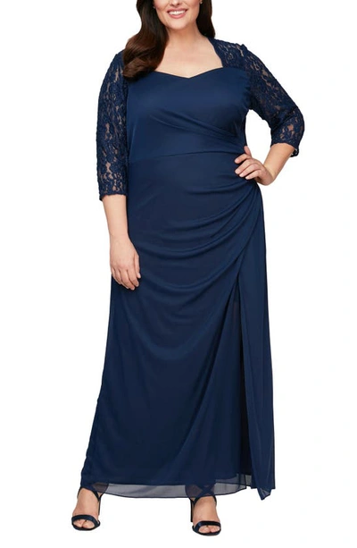 Alex Evenings Lace Yoke & Sleeves Ruched Gown In Navy