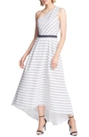 HALSTON HERITAGE MIX STRIPE ONE-SHOULDER HIGH/LOW GOWN,3012275