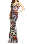 Mac Duggal Floral Embroidery Lace Column Gown In Black Multi