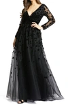 MAC DUGGAL VELVET FLORAL APPLIQUÉ LONG SLEEVE GOWN,67502