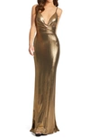 MAC DUGGAL SHIMMER METALLIC FAUX WRAP GOWN,26408