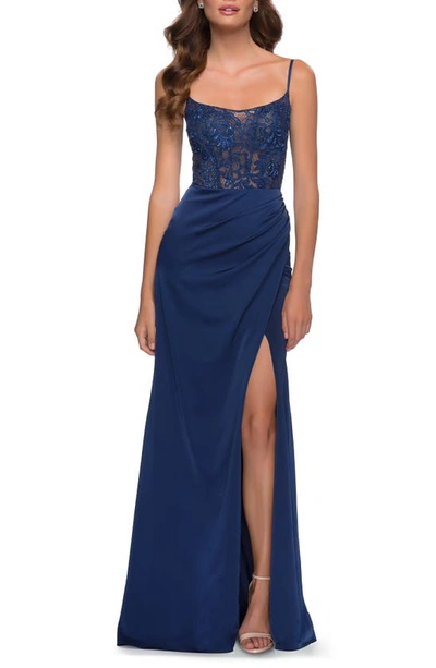 La Femme Satin With Sheer Illusion Lace Beaded Bodice Gown In Navy In Blue