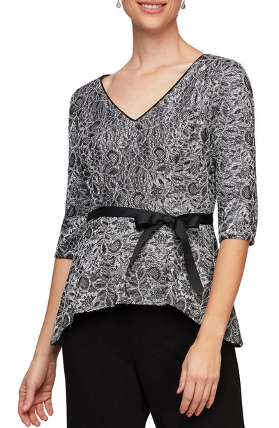 Alex Evenings Embroidered V-neck Peplum Blouse In Black Silver