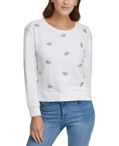 Dkny Jewel-embellished French Terry Sweatshirt In Ivory