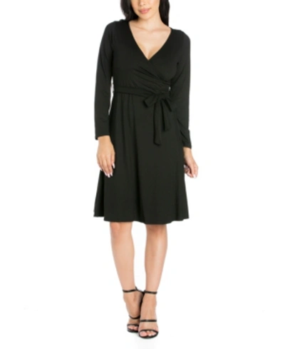 24seven Comfort Apparel Women's Chic V-neck Long Sleeve Belted Dress In Black