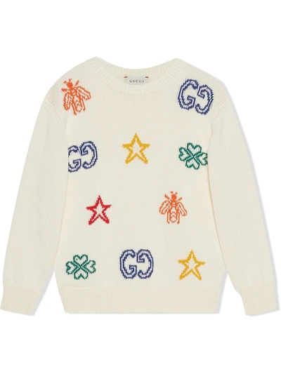 Gucci Kids' Branded Cotton Knitted Jumper 10-12 Years In Bianco