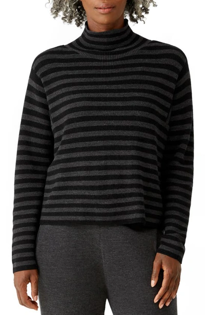 Eileen Fisher Stripe Wool Turtleneck Sweater In Black/ Charcoal