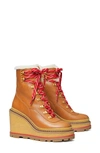 TORY BURCH PLATFORM WEDGE HIKING BOOT WITH GENUINE SHEARLING LINING,79569