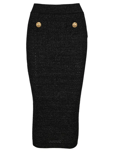 Balmain Button-embellished Metallic Ribbed-knit Midi Skirt In Black
