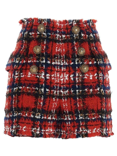 Balmain Frayed Checked Tweed Shorts In Red