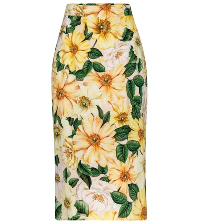 Dolce & Gabbana Camellia Print Stretch Silk Midi Pencil Skirt In Yellow,green,pink