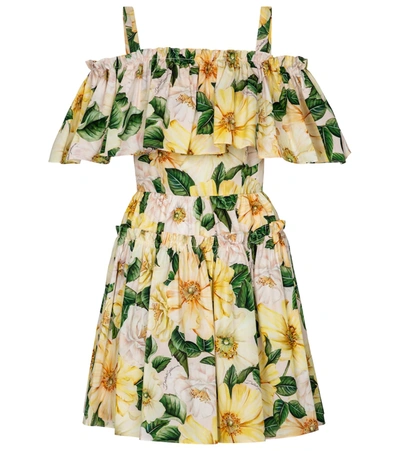 Dolce & Gabbana Cold-shoulder Ruffled Floral-print Cotton-poplin Mini Dress In Yellow