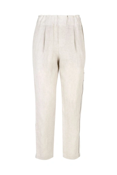 Brunello Cucinelli Baggy Sartorial Trousers In Sparkling Cotton And Viscose Twill With Monile In Beige