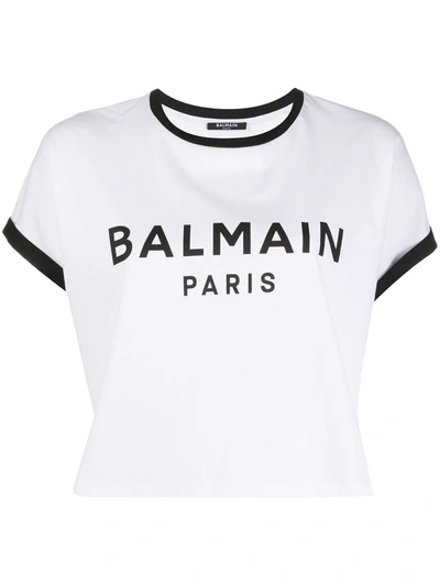 Balmain Logo植绒短款t恤 In White