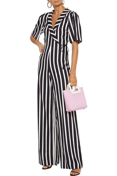 Alice And Olivia Luana Wrap-effect Striped Crepe Wide-leg Jumpsuit In Black