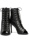 BALMAIN LACE-UP PLEATED LEATHER ANKLE BOOTS,3074457345626900248