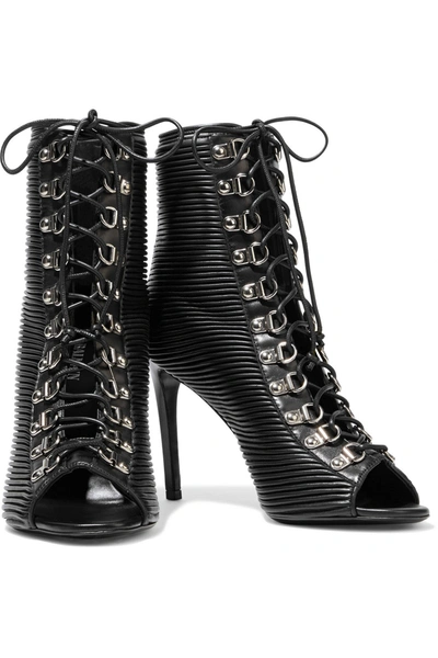 Balmain Lace-up Pleated Leather Ankle Boots In Black
