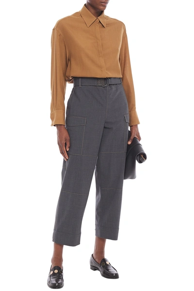 Brunello Cucinelli Bead-embellished Belted Wool-blend Straight-leg Trousers In Charcoal