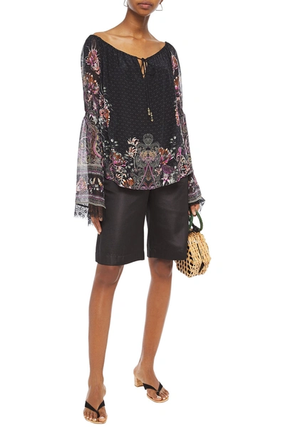 Camilla Lace-trimmed Crystal-embellished Printed Silk Crepe De Chine Blouse In Black