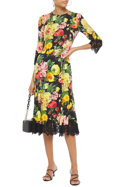 Dolce & Gabbana Lace-trimmed Floral-print Crepe Midi Dress In Black