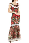 DOLCE & GABBANA LACE-TRIMMED FLORAL-PRINT SILK-BLEND VOILE GOWN,3074457345624130161