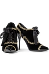 DOLCE & GABBANA EMBELLISHED LACE-UP VELVET AND PATENT-LEATHER ANKLE BOOTS,3074457345624353552