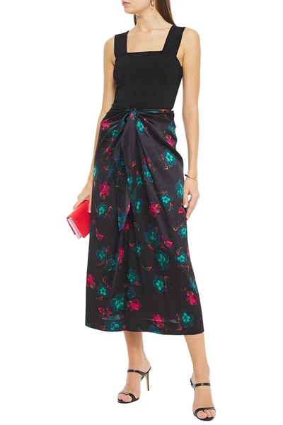 Ganni Knotted Floral-print Silk-blend Satin Midi Skirt In Black