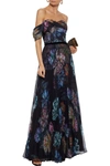 MARCHESA NOTTE OFF-THE-SHOULDER PLEATED FLORAL-PRINT CHIFFON GOWN,3074457345622161540