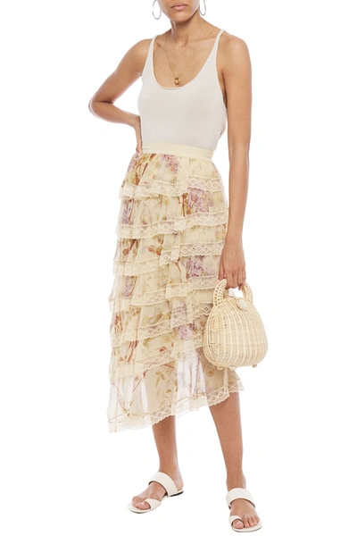 Zimmermann Sabotage Tiered Lace-trimmed Floral-print Silk-chiffon Midi Skirt In Cream
