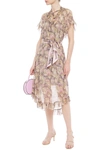 ZIMMERMANN SABOTAGE FRILLED TIE-NECK FLORAL-PRINT SILK-GEORGETTE MIDI DRESS,3074457345623360678