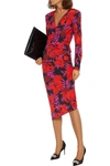 VERONICA BEARD ALVARO ASYMMETRIC RUCHED FLORAL-PRINT STRETCH-SILK CREPE DE CHINE DRESS,3074457345624235901