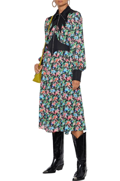 Rabanne Satin Twill-paneled Floral-print Crepe De Chine Dress In Black