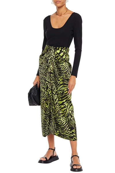 Ganni Tie-front Tiger-print Silk-blend Satin Midi Skirt In Green,black