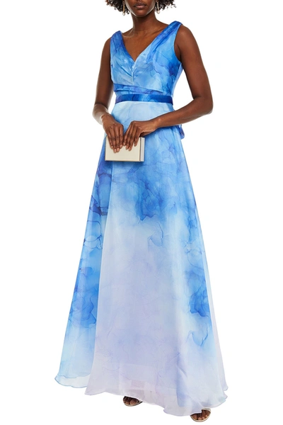 Marchesa Notte Watercolor Printed Organza Gown With Draped Bodice In Blue