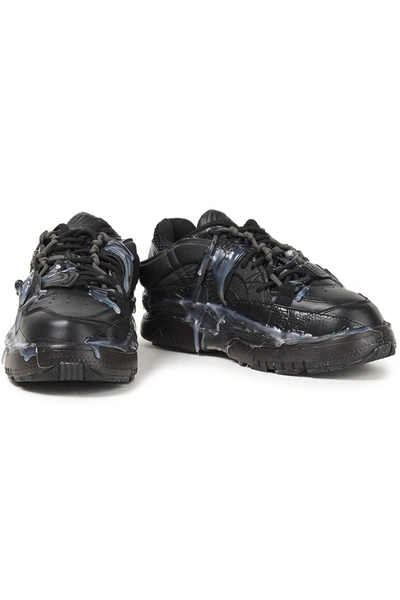 Maison Margiela Fusion Distressed Mesh-trimmed Painted Leather Trainers In Black