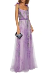 MARCHESA NOTTE APPLIQUÉD PLEATED PRINTED TULLE GOWN,3074457345624100207