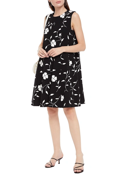 Oscar De La Renta Pleated Floral-print Wool-blend Crepe Dress In Black