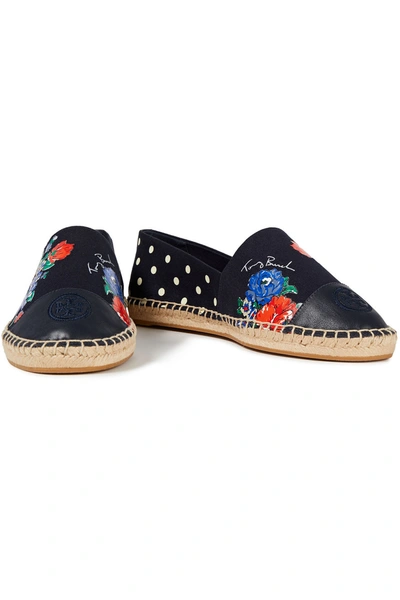 Tory Burch Embroidered Leather And Printed Canvas Espadrilles In Blue