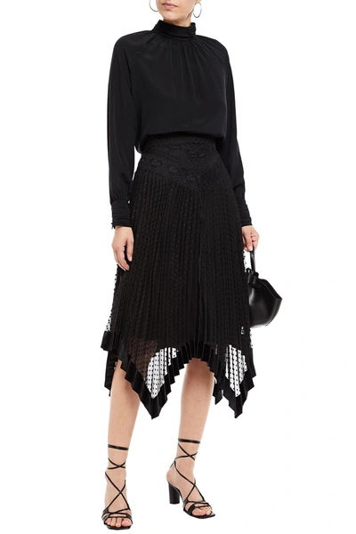 Zimmermann Espionage Asymmetric Lace-paneled Pleated Swiss-dot Chiffon Skirt In Black